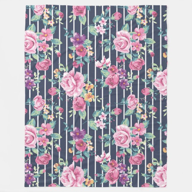 Floral Pattern on Stripe Roses Foliage Pink Purple Fleece Blanket (Front)