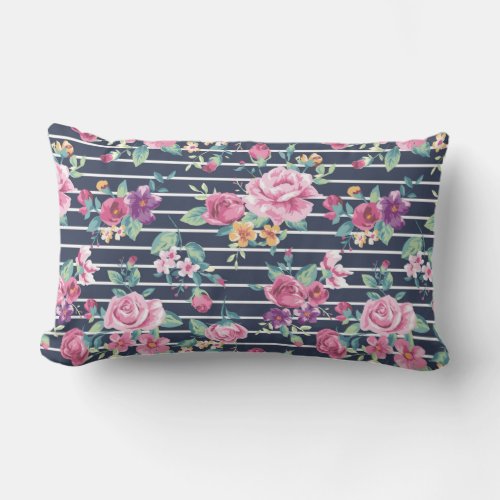 Floral Pattern on Stripe Roses Foliage Pink Purple Lumbar Pillow