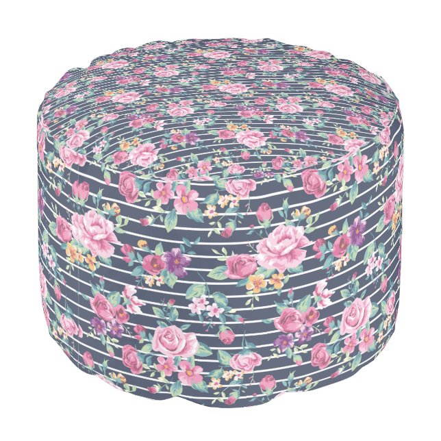 Floral Pattern on Stripe Roses Foliage Pink Purple Pouf (Angled Back)