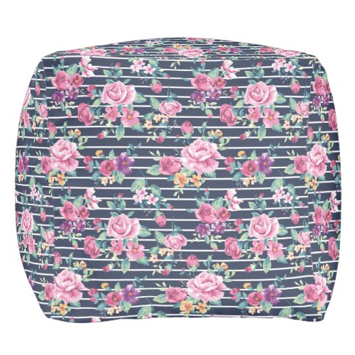 Floral Pattern on Stripe Roses Foliage Pink Purple Pouf