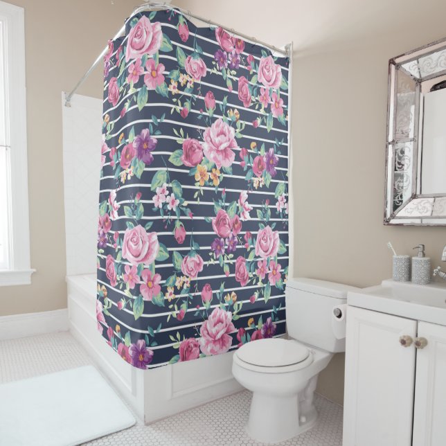 Floral Pattern on Stripe Roses Foliage Pink Purple Shower Curtain (In Situ)