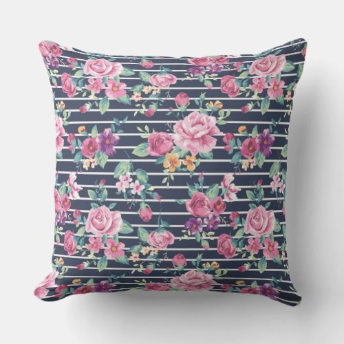 Floral Pattern on Stripe Roses Foliage Pink Purple Throw Pillow