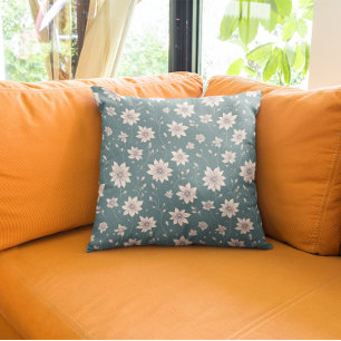 Floral Pattern on Teal Background Throw Pillow