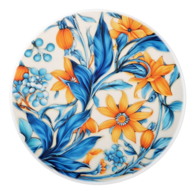 Floral Pattern- Orange and Blue Ceramic Knob (Front)