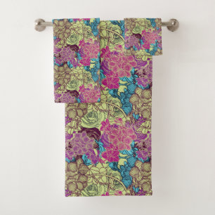 Floral Pattern Orchid Roses Yellow Green Purple Bath Towel Set