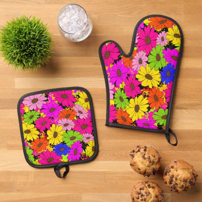 Floral pattern oven mitt & pot holder set (Top Down)