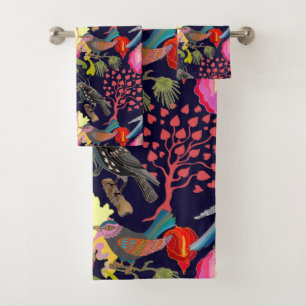 Floral Pattern Paradise Birds and Blooming Trees Bath Towel Set