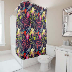 Floral Pattern Paradise Birds and Blooming Trees Shower Curtain