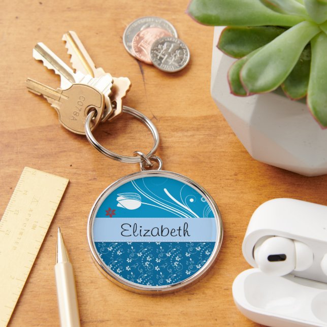 Floral Pattern, Pattern Of Flowers, Your Name Keychain (Desk)