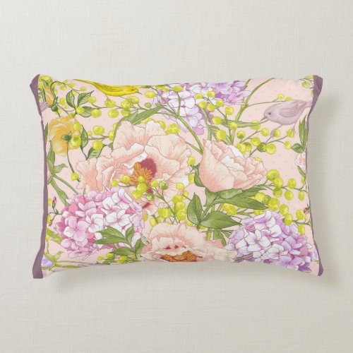 Floral Pattern Peony Mimosa Hydrangea Roses Birds  Accent Pillow