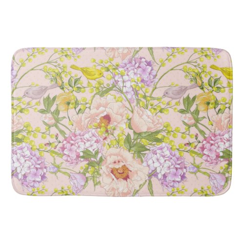 Floral Pattern Peony Mimosa Hydrangea Roses Birds Bath Mat