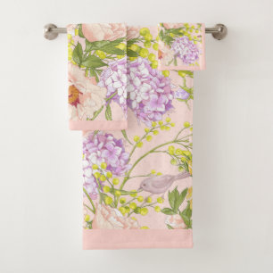 Floral Pattern Peony Mimosa Hydrangea Roses Birds Bath Towel Set