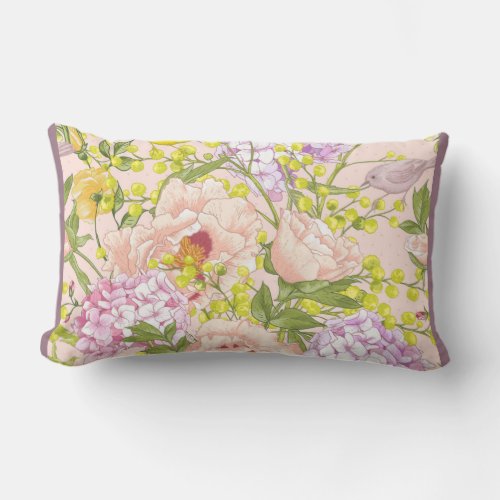 Floral Pattern Peony Mimosa Hydrangea Roses Birds Lumbar Pillow