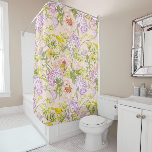Floral Pattern Peony Mimosa Hydrangea Roses Birds  Shower Curtain (In Situ)