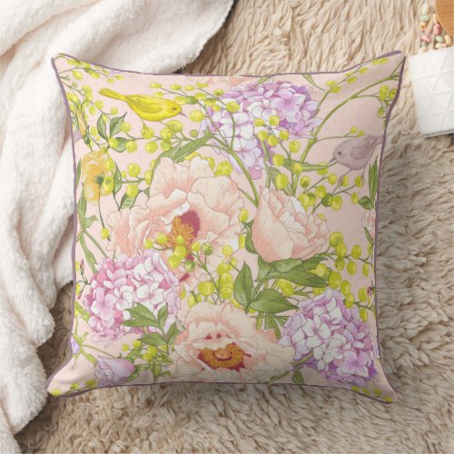 Floral Pattern Peony Mimosa Hydrangea Roses Birds  Throw Pillow