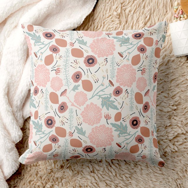 Floral Pattern Pink Cream Blue  Throw Pillow (Pink Cream Blue Floral Pattern Throw Pillow from Studio Posies. )