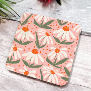 Floral Pattern Pink Daisy Design Square Paper Coaster