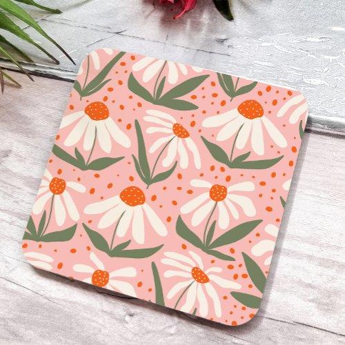 Floral Pattern Pink Daisy Design Square Paper Coaster