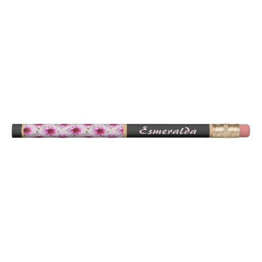 Floral Pattern Pink Garden Flower with Custom Name Pencil (Front)