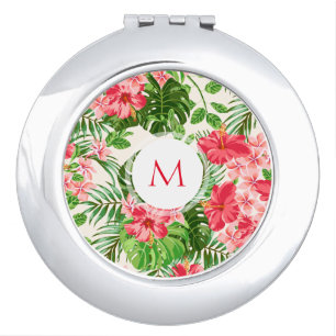 Floral Pattern Pink Hibiscus Monogram Compact M Mirror