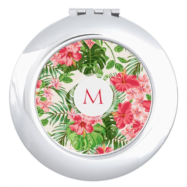 Floral Pattern Pink Hibiscus Monogram Compact M Mirror (Front)