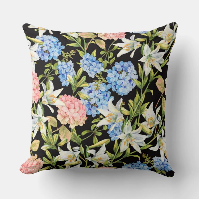 Floral Pattern Pink Hydrangea Blue Jasmine Foliage Throw Pillow (Front)
