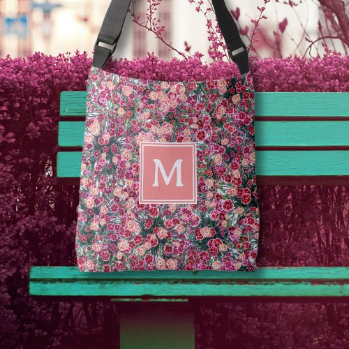 Floral pattern pink red peach monogram tote bag