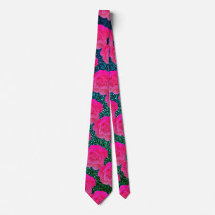 Floral Pattern Pink Rose Blue Green Glitter Gift Neck Tie
