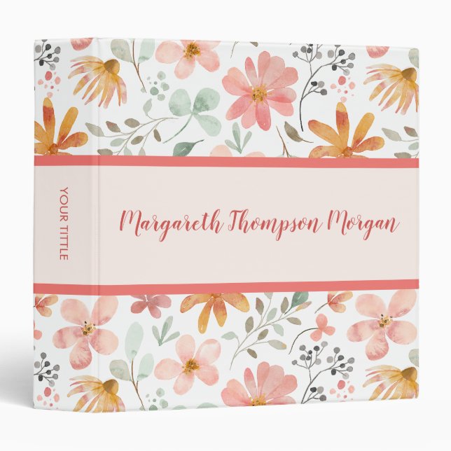 Floral Pattern & Pink Stripe Custom 3 Ring Binder (Front/Spine)