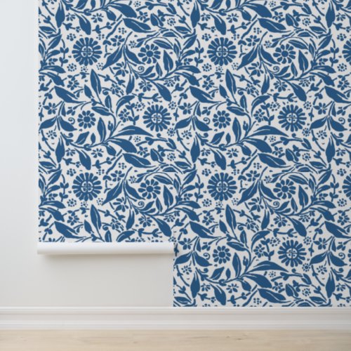 Floral Pattern Pretty Blue White Antique Look Wallpaper