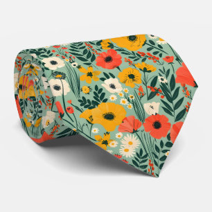 Floral Pattern Pretty Flowers Green Neck Tie