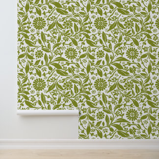 Floral Pattern Pretty Green White Antique Look Wallpaper