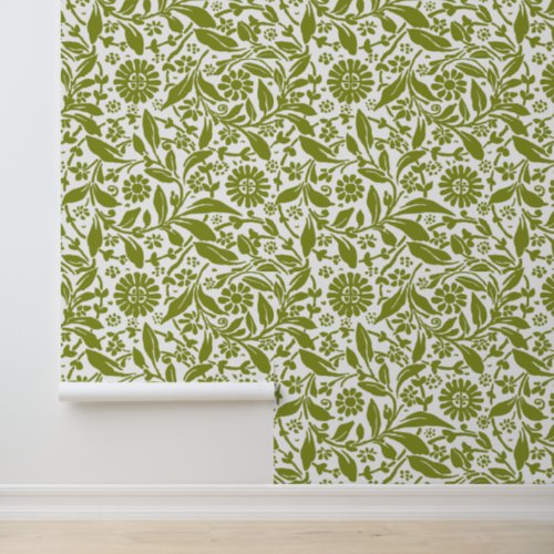 Floral Pattern Pretty Green White Antique Look Wallpaper