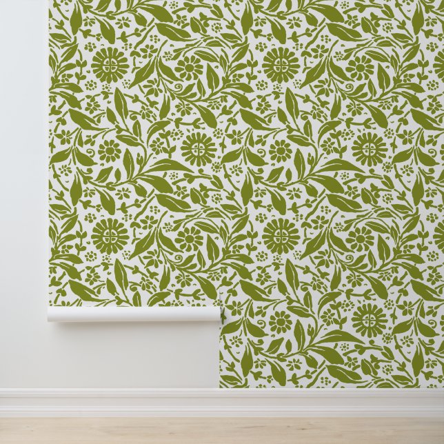 Floral Pattern Pretty Green White Antique Look Wallpaper (Application)