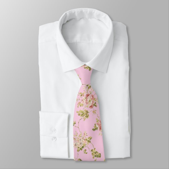 Floral pattern pretty pink retro flowers neck tie (Tied)