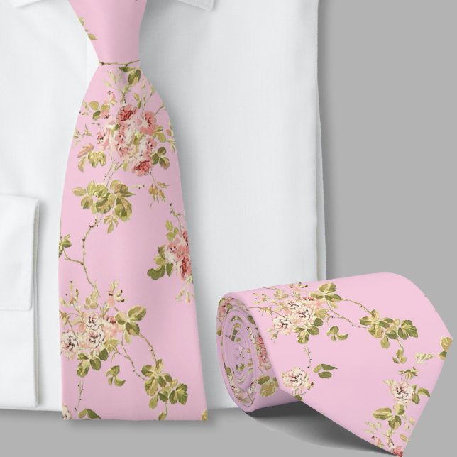 Floral pattern pretty pink retro flowers neck tie (Creator Uploaded)