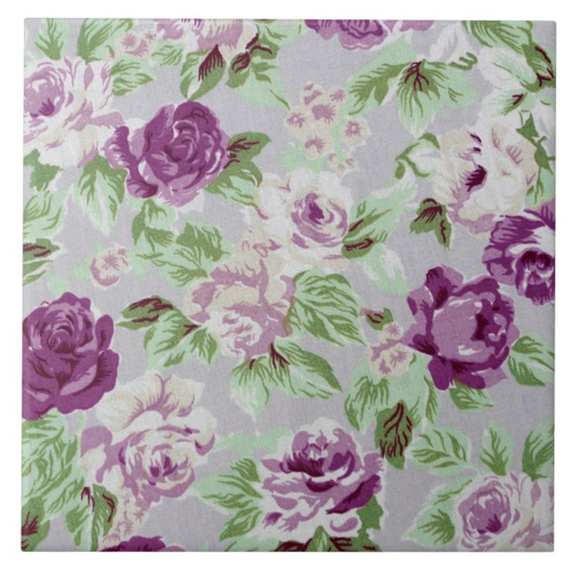 Floral Pattern Purple Flowers Green Foliage Ceramic Tile (Front)