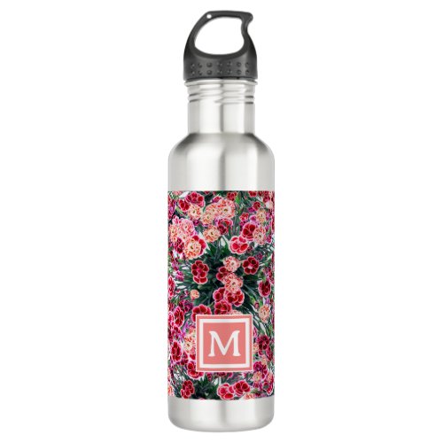 Floral pattern red flowers monogram water bottle