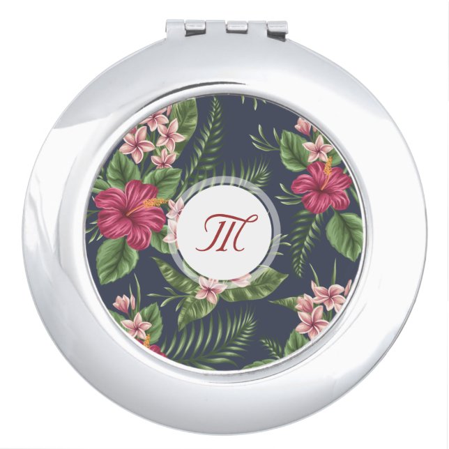 Floral Pattern Red Hibiscus Monogram Compact M Mirror For Makeup (Front)