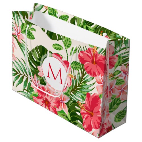 Floral Pattern Red Hibiscus Monogram L Gift Bag