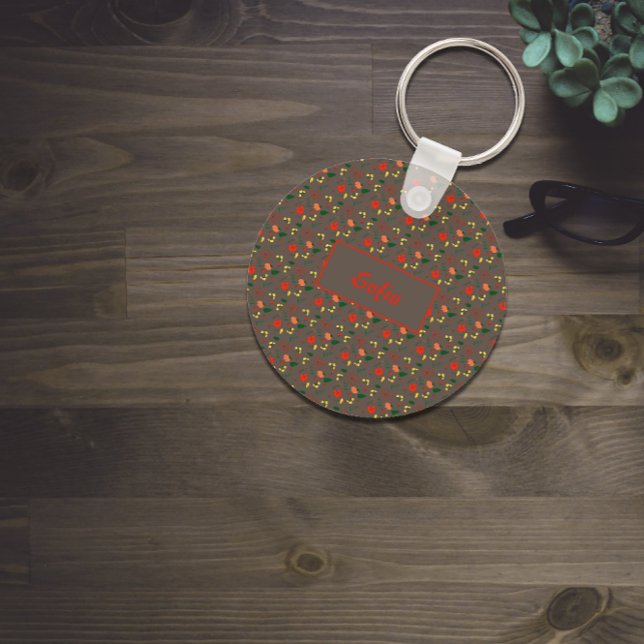 Floral pattern red wildflowers name Keychain (Creator Uploaded)