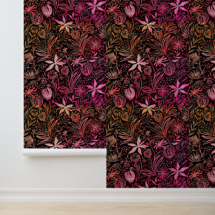 Floral Pattern Retro Black Pink Wallpaper