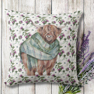 Floral Pattern Scottish Thistle Highland Cow White Throw Pillow