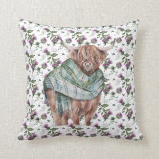Floral Pattern Scottish Thistle Highland Cow White Throw Pillow