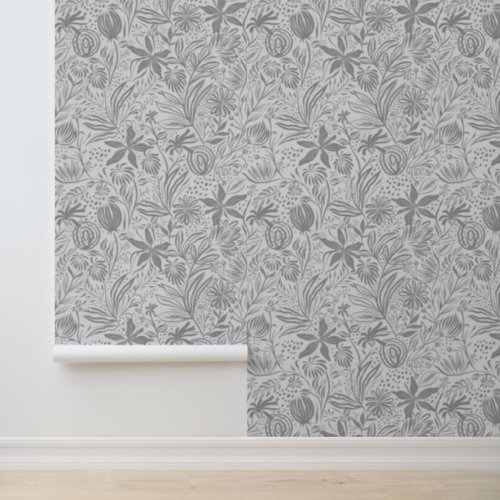 Floral Pattern Silver Shades of Gray Print Wallpaper