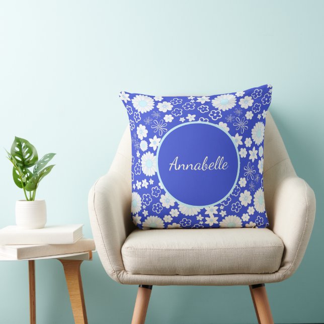 FLORAL PATTERN SMALL FLOWERS BLUE CREAM NAME THROW PILLOW (Chair)