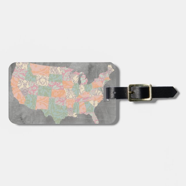 Floral Pattern States Map Luggage Tag (Front Horizontal)