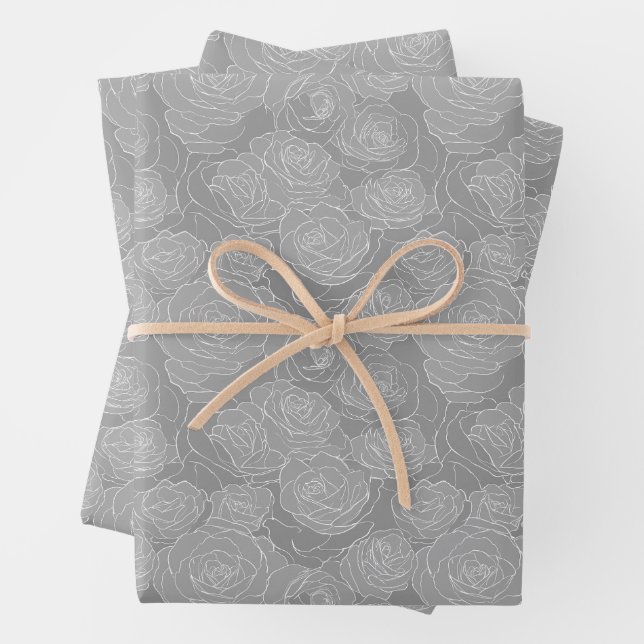 Floral Pattern | Steel Grey Roses Wrapping Paper Sheets (In situ)