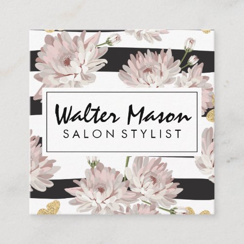 Floral pattern stripes flowers square business card