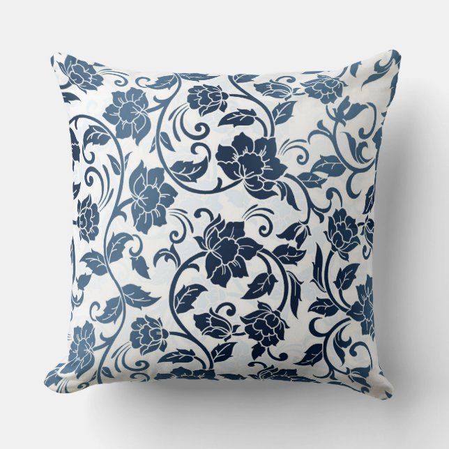 Floral pattern teal and navy colors throw pillow (Front)